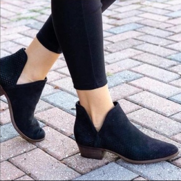 Lucky Brand Shoes - LUCKY BRAND Baley Black Suede Leather Bootie Ankle V-Cut Block Heel Pullon Shoe